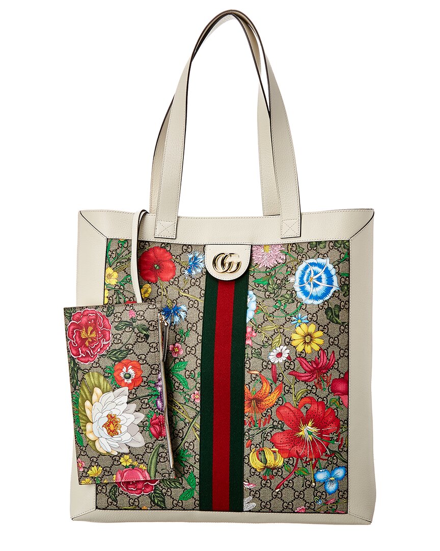 Luxury Gucci Trending 2025 Ophidia Large GG Flora Canvas & Leather Tote
