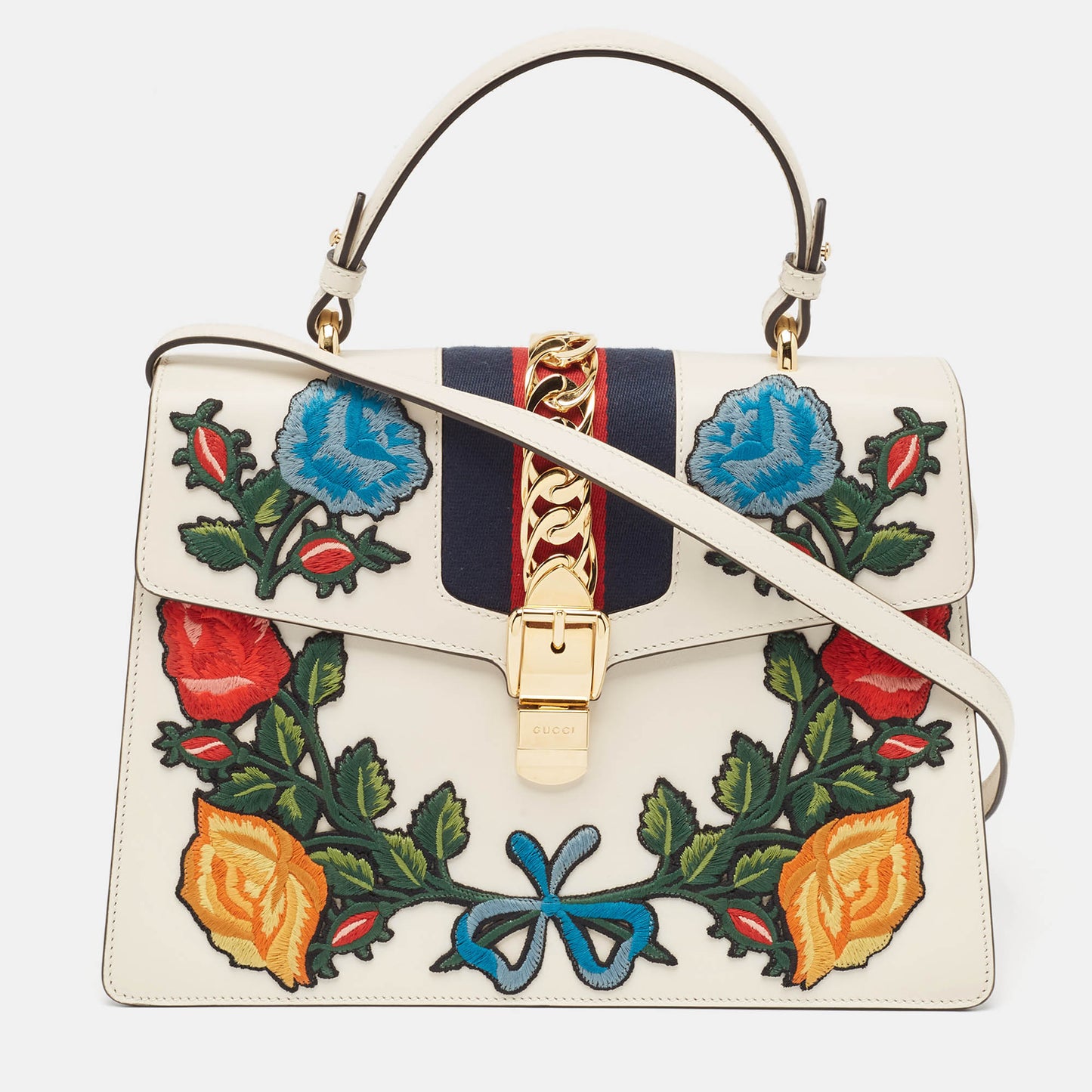 Luxury Gucci Trending 2025 White Leather Floral Embroidered Medium Sylvie Top Handle Bag