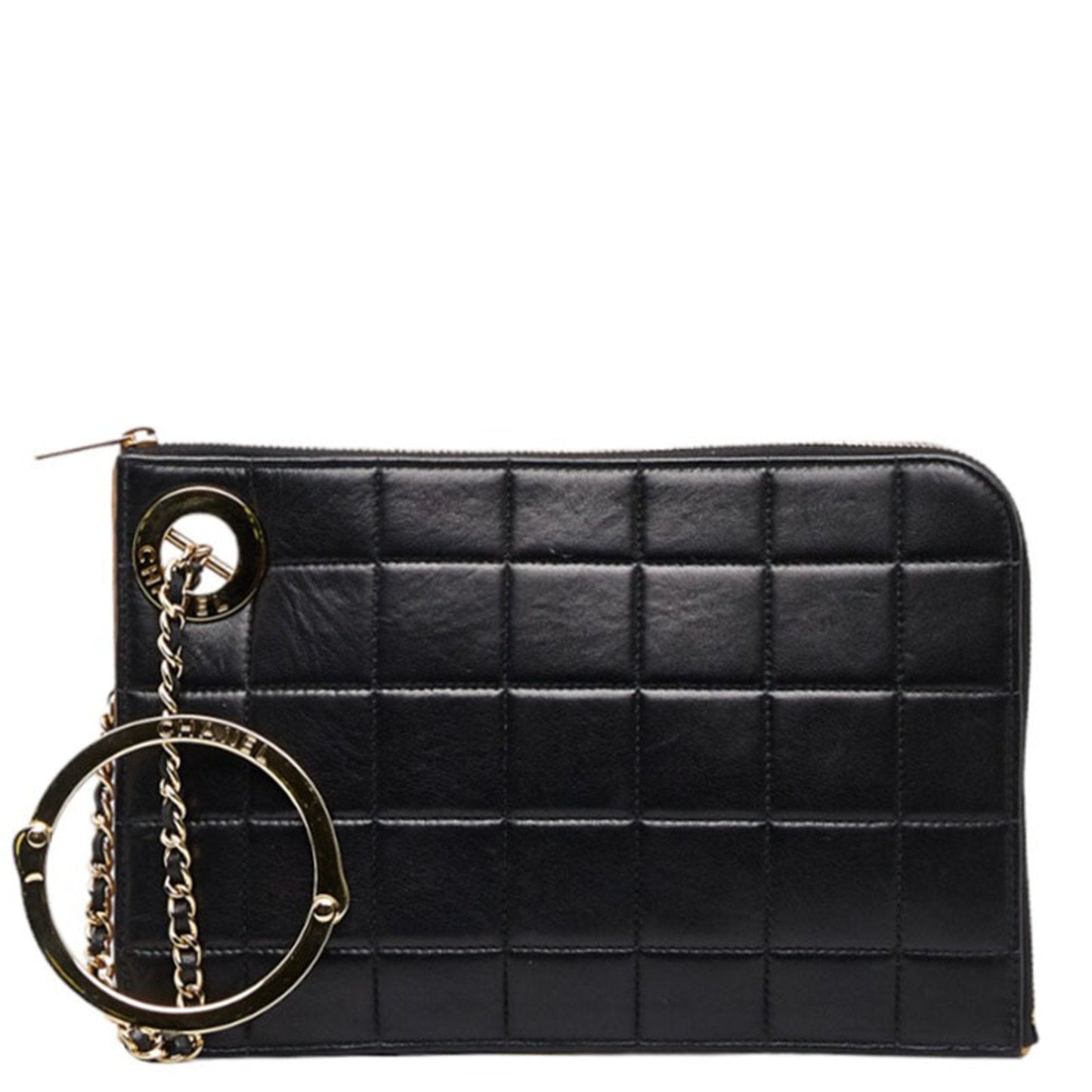 Luxury Chanel Chocolate Bar Ring Handle Clutch Bag Second Pouch Black Gold Lambskin Ladies