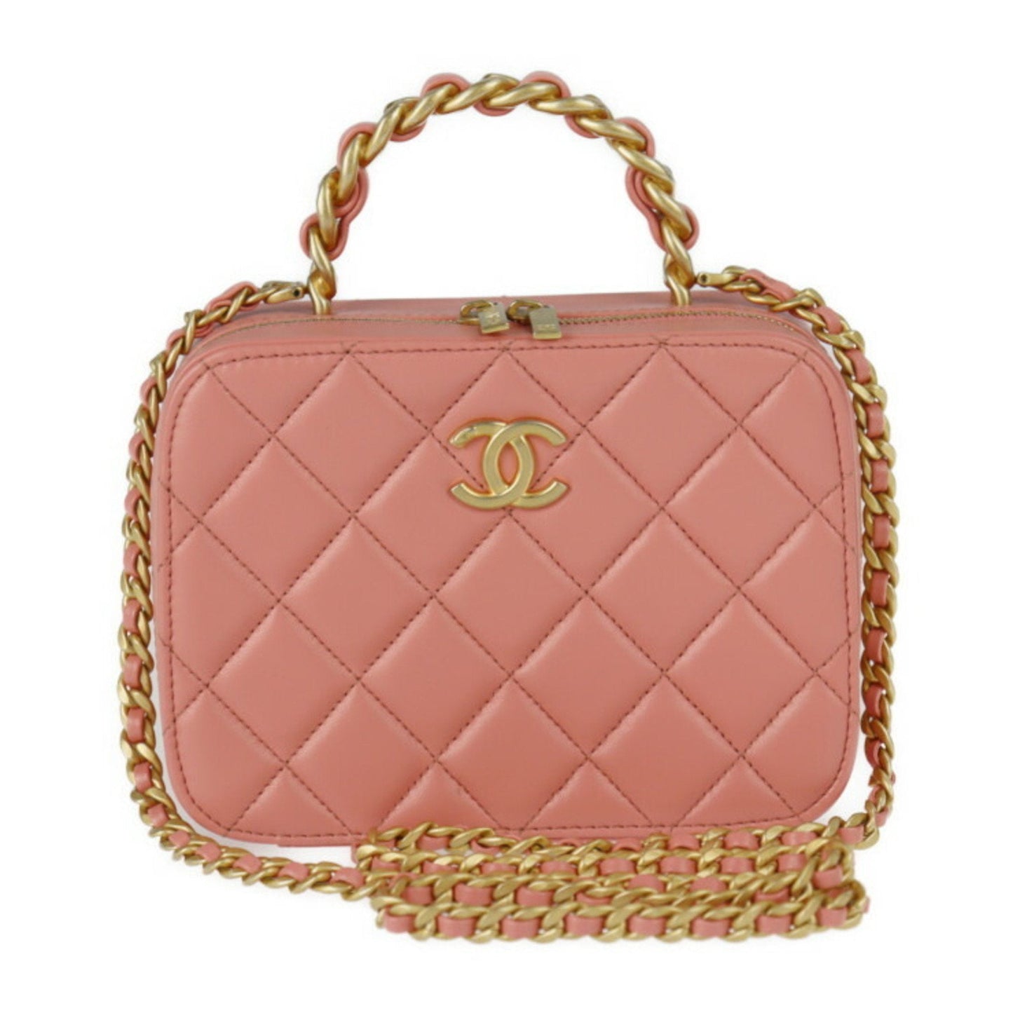 Luxury Chanel Small Vanity Shoulder Bag AS3318 Leather Pink Series Gold Metal Fittings Top Handle Case Matrasse Coco Mark Chain 2WAY Handbag Round Fastener