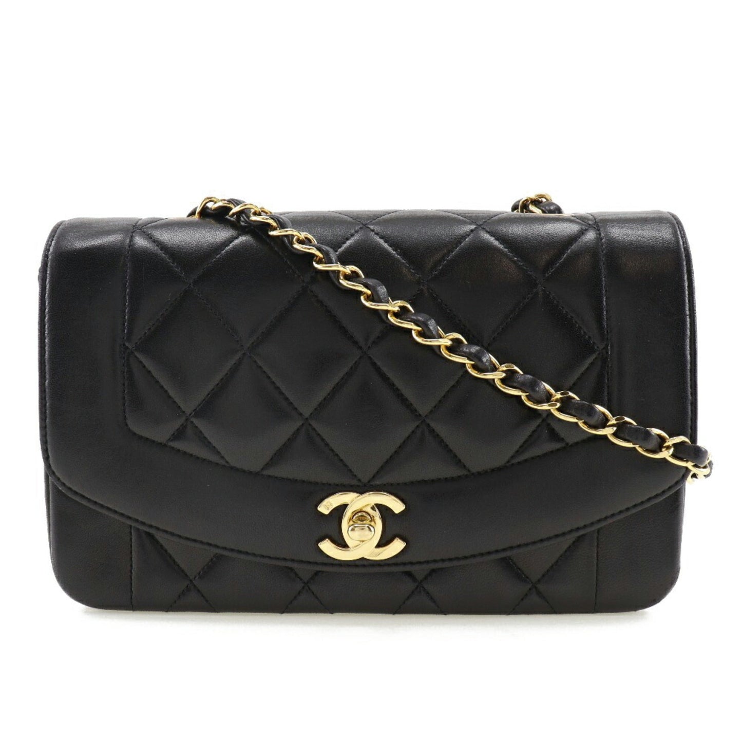 Luxury Chanel Chain Shoulder Bag Coco Mark Diana Matelasse Lambskin Black Ladies