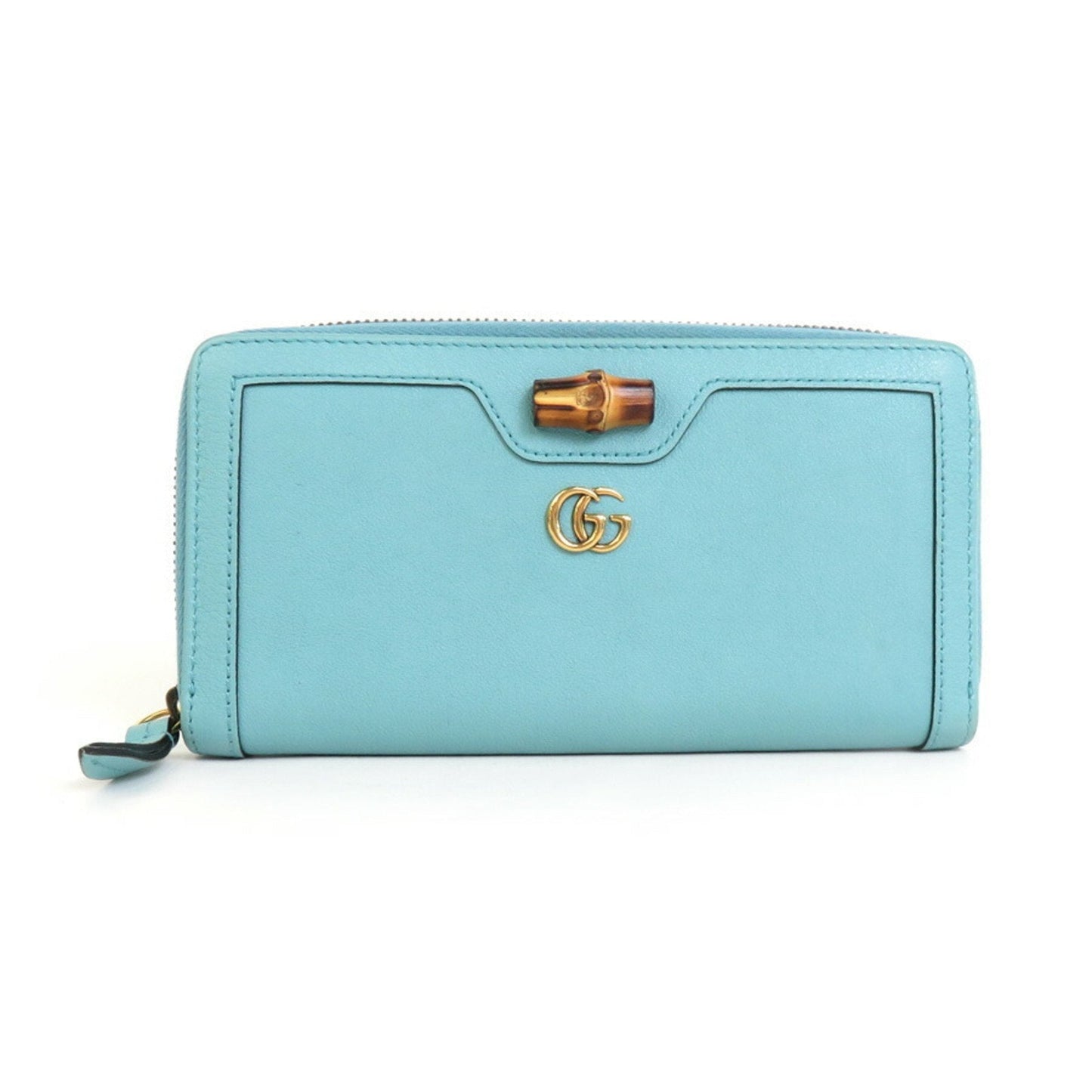 Luxury Gucci Round Zipper Long Wallet GG Marmont Diana Leather Turquoise Blue Gold Unisex 658634