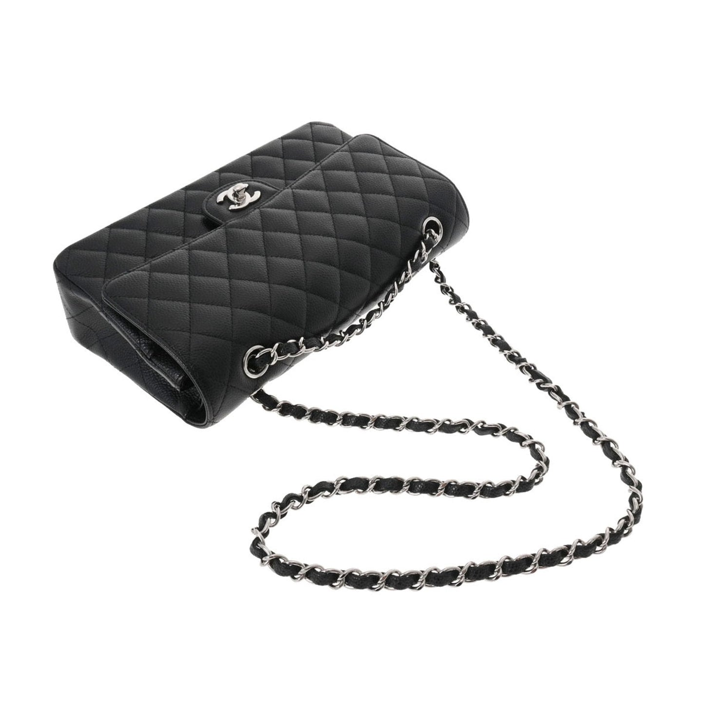 CHANEL Matelasse Chain Shoulder 25cm W Flap Black Ladies Caviar Skin Bag
