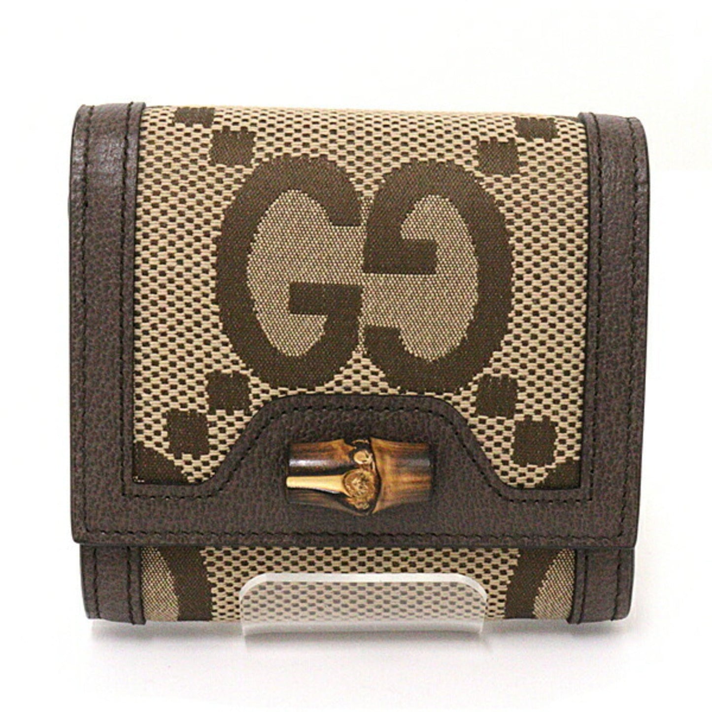 Luxury Gucci Jumbo GG Diana Bamboo Compact Wallet Bifold L-shaped Zipper Coin Purse Canvas 658635 Brown Gold Hardware