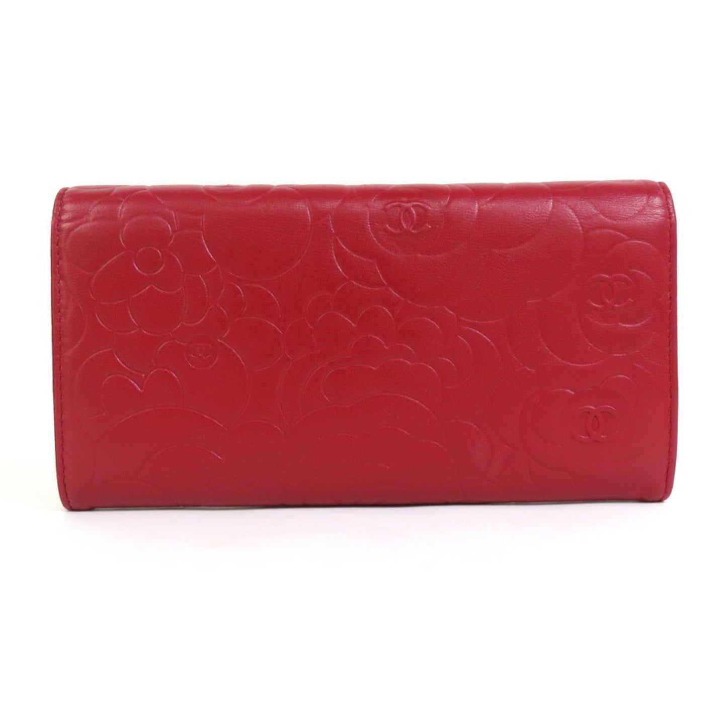 Luxury Chanel Long Wallet Camellia Coco Mark Embossed Leather Dark Red Silver Women's