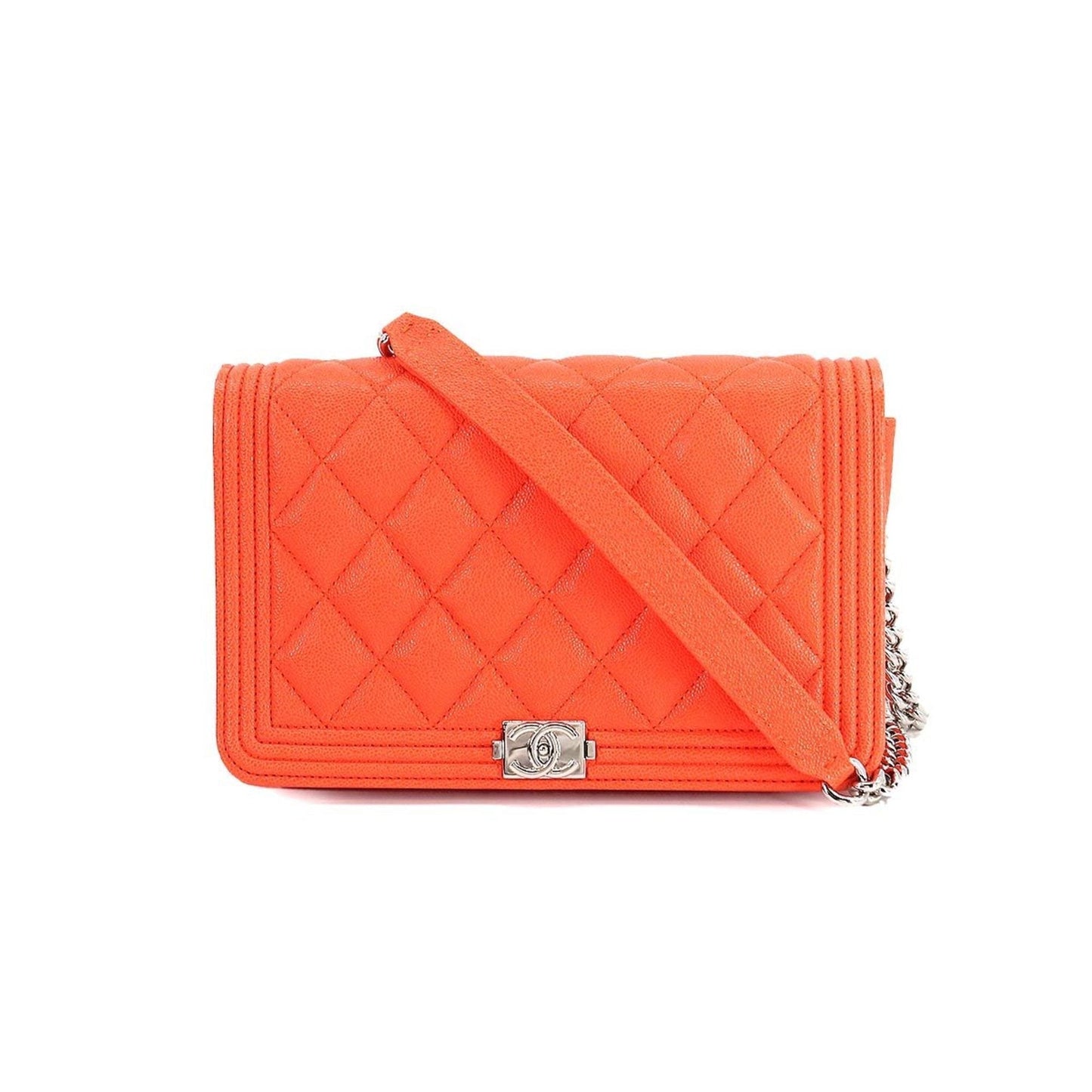 Luxury Chanel boy chain wallet long caviar skin leather orange AP1117 silver metal fittings Chain Wallet