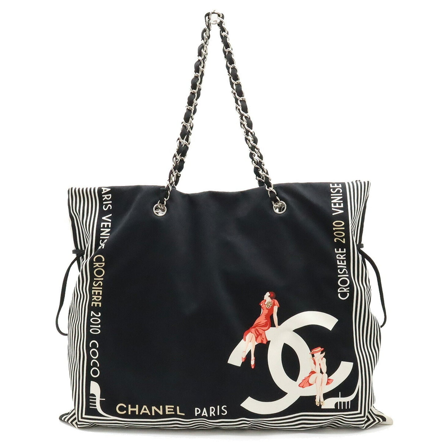 Luxury Chanel 2010 Cruise Line Coco Mark Tote Bag Shoulder Chain Canvas Black White 7970
