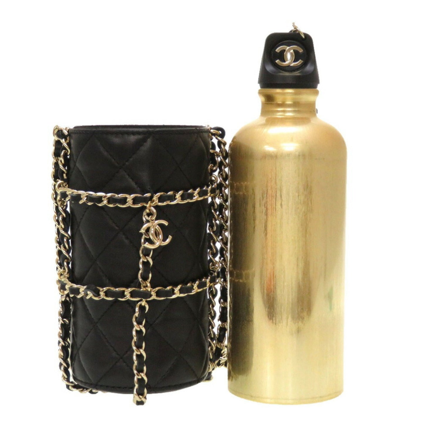 Luxury Chanel Lambskin Black 27th Flask Gold Chain Bottle Holder Matelasse Coco Mark Water Shoulder Bag