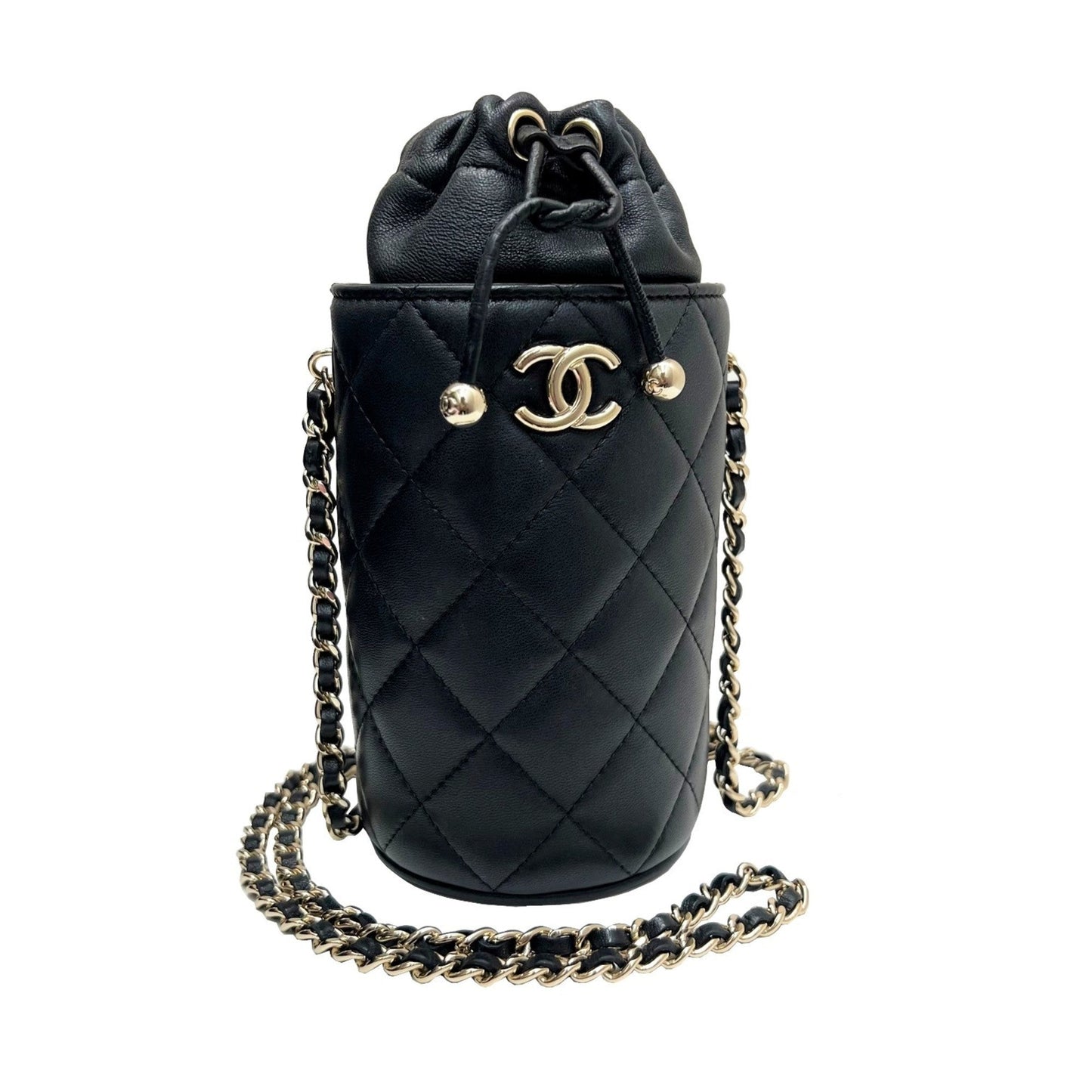 Luxury Chanel Bucket Shoulder Bag Chain Lambskin Black Gold 3 Ladies