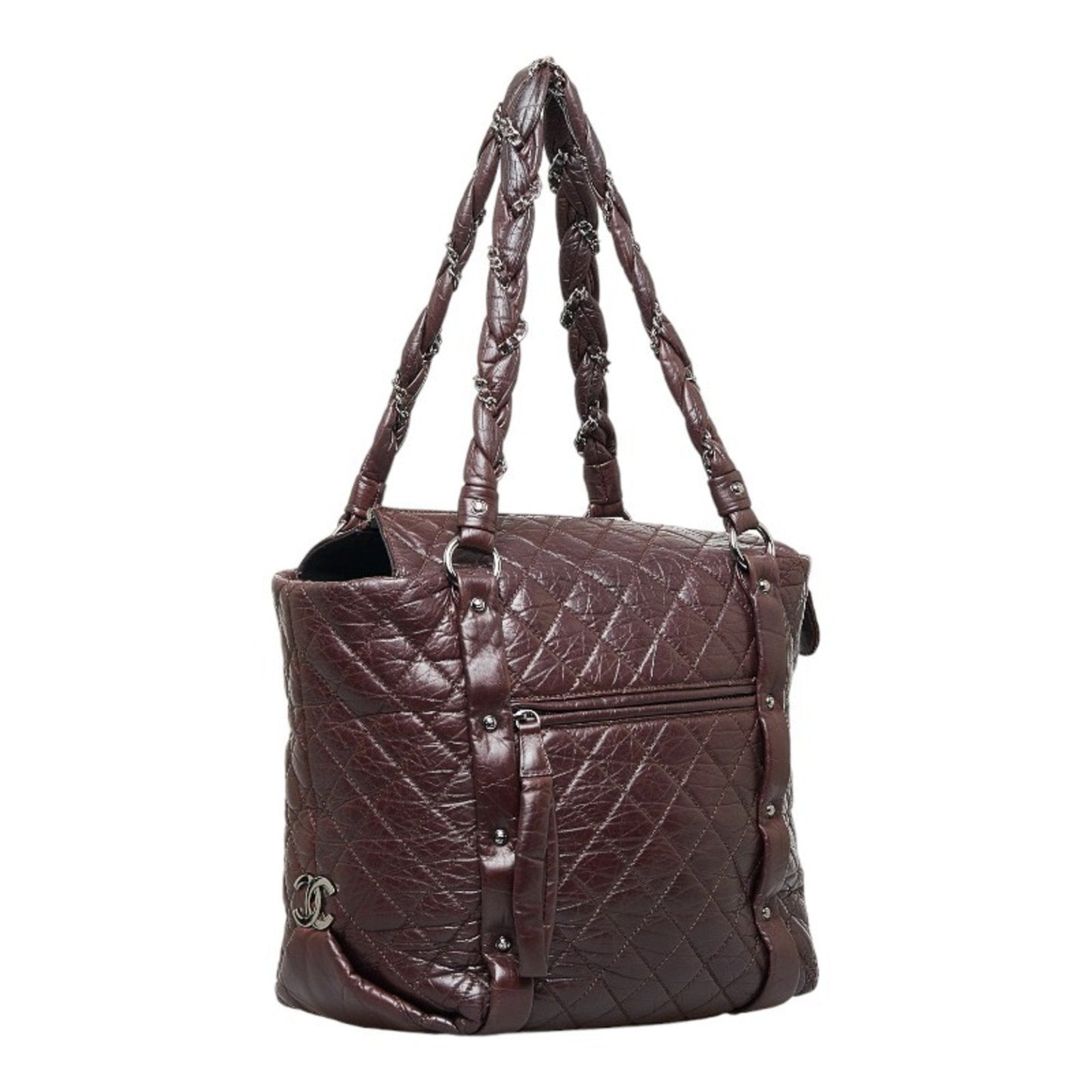 Luxury Chanel Cocomark Luxury Line Chain Shoulder Bag Tote Brown Silver Leather Ladies