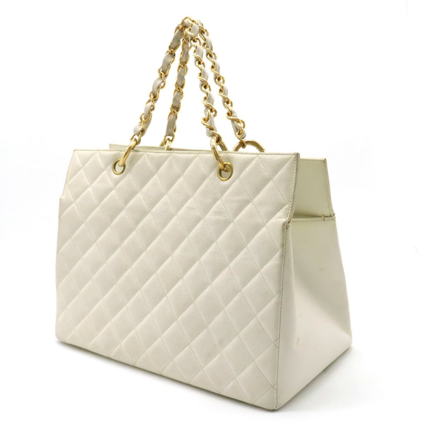 Luxury Chanel Matelasse Coco Mark Chain Bag Tote Handbag Caviar Skin Leather White