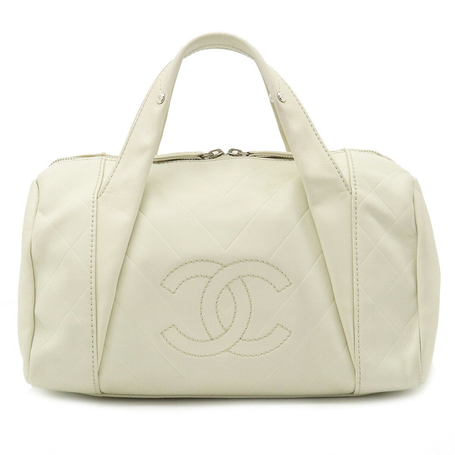 Luxury Chanel Chevron V stitch here mark Boston bag handbag leather ivory A91136