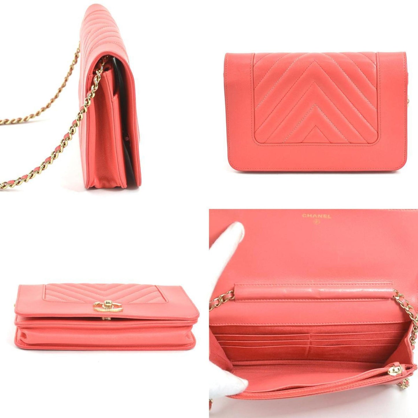 Luxury Chanel Wallet Chain V Stitch Leather/Metal Pink/Gold Ladies