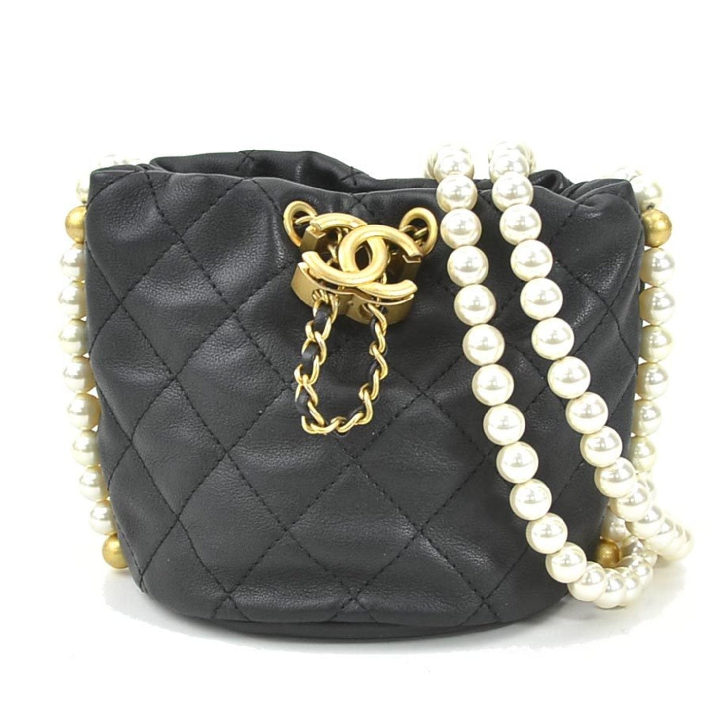Luxury Chanel Crossbody Shoulder Bag Coco Mark Leather/Fake Pearl/Metal Black/Off-White/Gold Women's