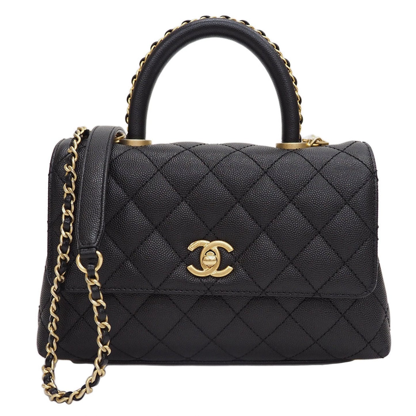 Luxury Chanel Coco Handle Handbag Black A92990 Caviar Skin Women's
