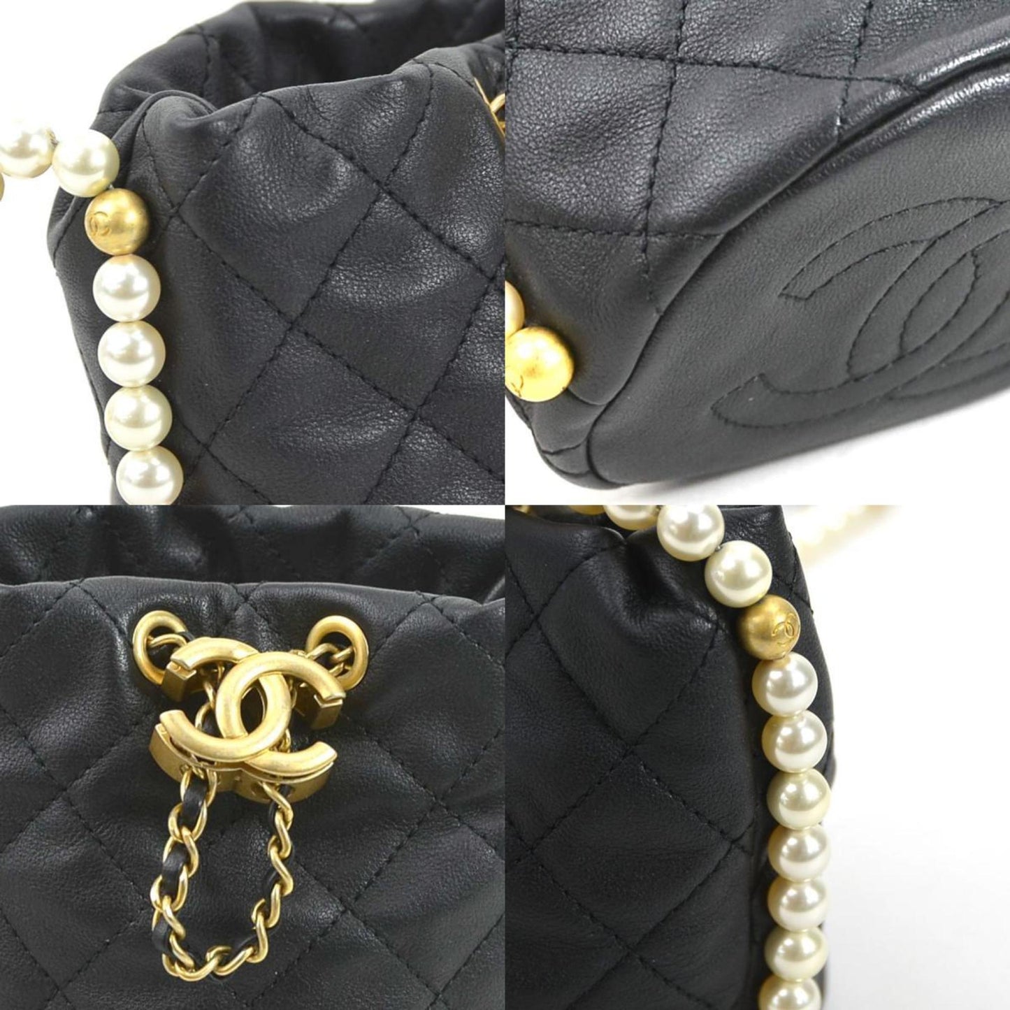 Luxury Chanel Crossbody Shoulder Bag Coco Mark Leather/Fake Pearl/Metal Black/Off-White/Gold Women's