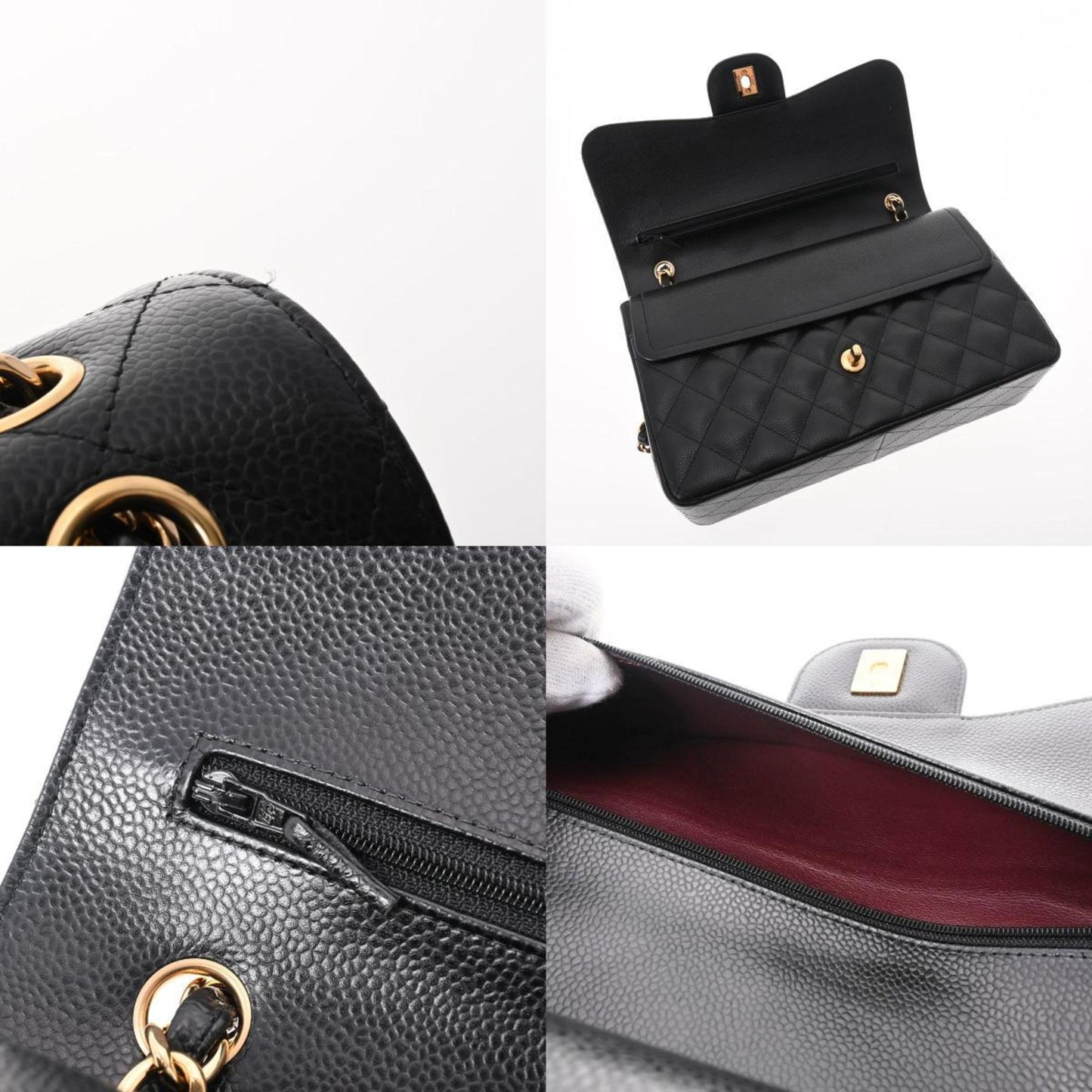 CHANEL matelasse chain shoulder W flap 30cm black ladies caviar skin bag