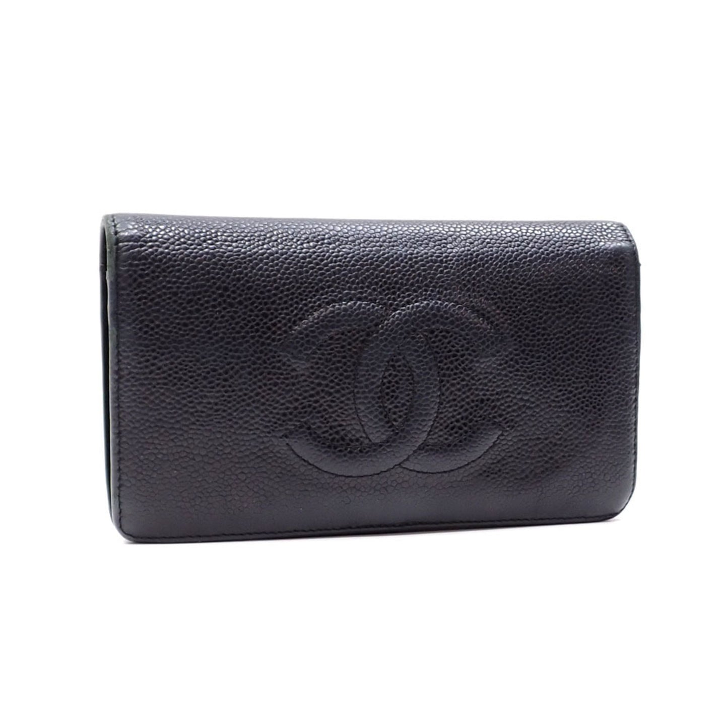 Luxury Chanel Bifold Long Wallet Women's Black Caviar Skin Coco Mark