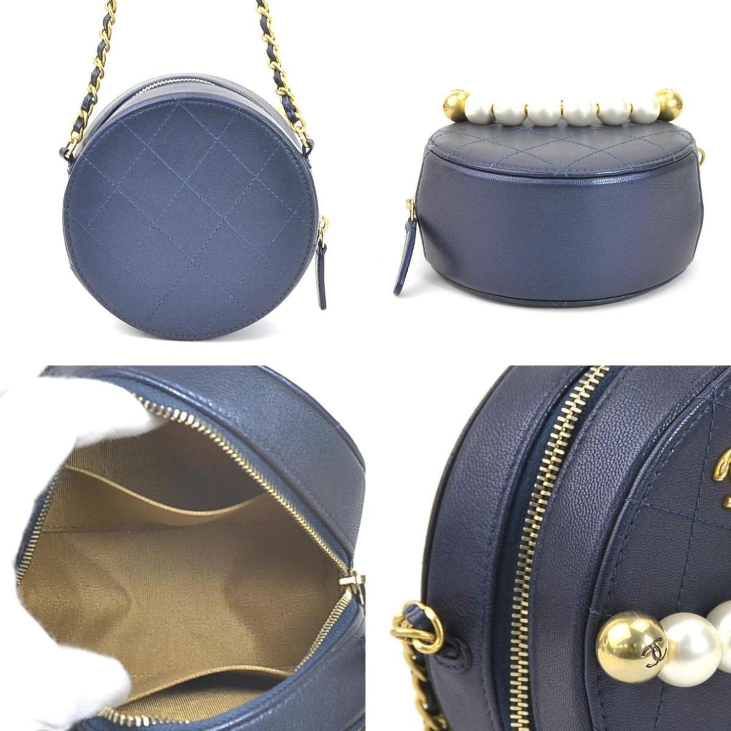 Luxury Chanel Crossbody Shoulder Bag Pochette Coco Mark Leather/Metal/Fake Pearl Navy/Gold/Off-White Women's