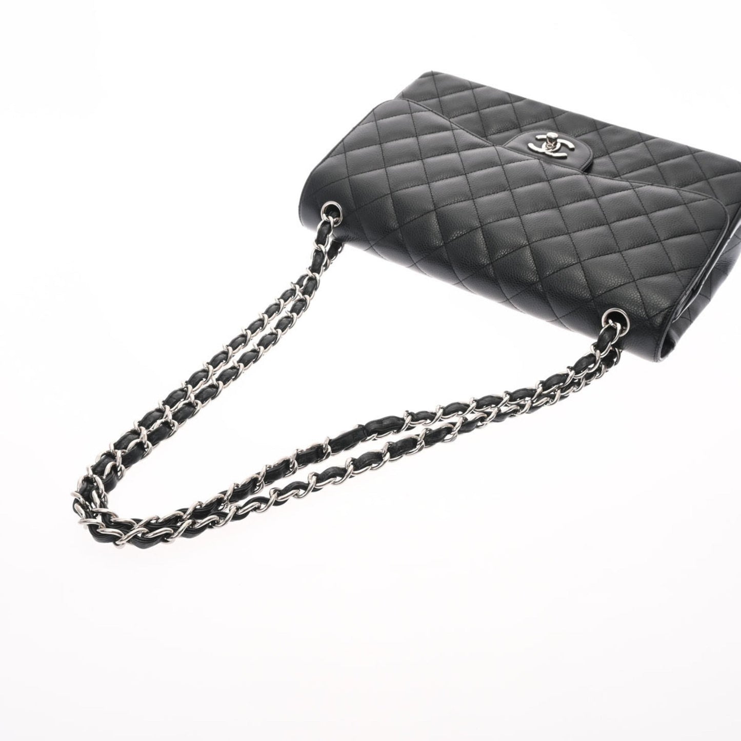 CHANEL matelasse double flap 30 black ladies caviar skin shoulder bag