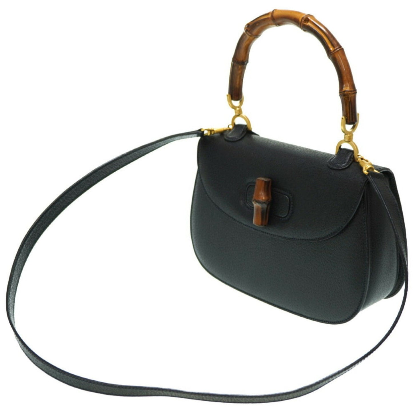 Luxury Gucci bamboo leather shoulder hand bag black with strap