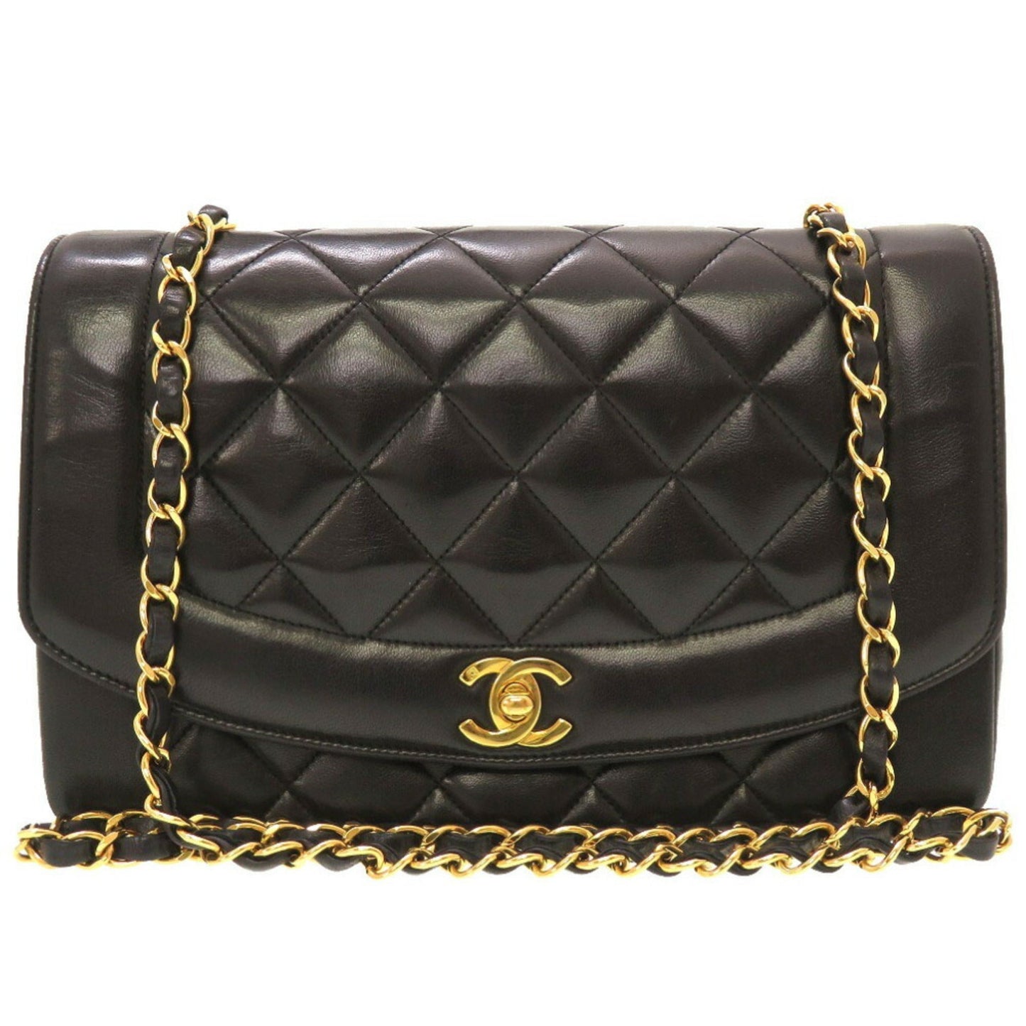 Luxury Chanel Diana 25 Medium Matelasse Lambskin Black Gold Chain Shoulder Bag No. 3 Coco Mark Turnlock
