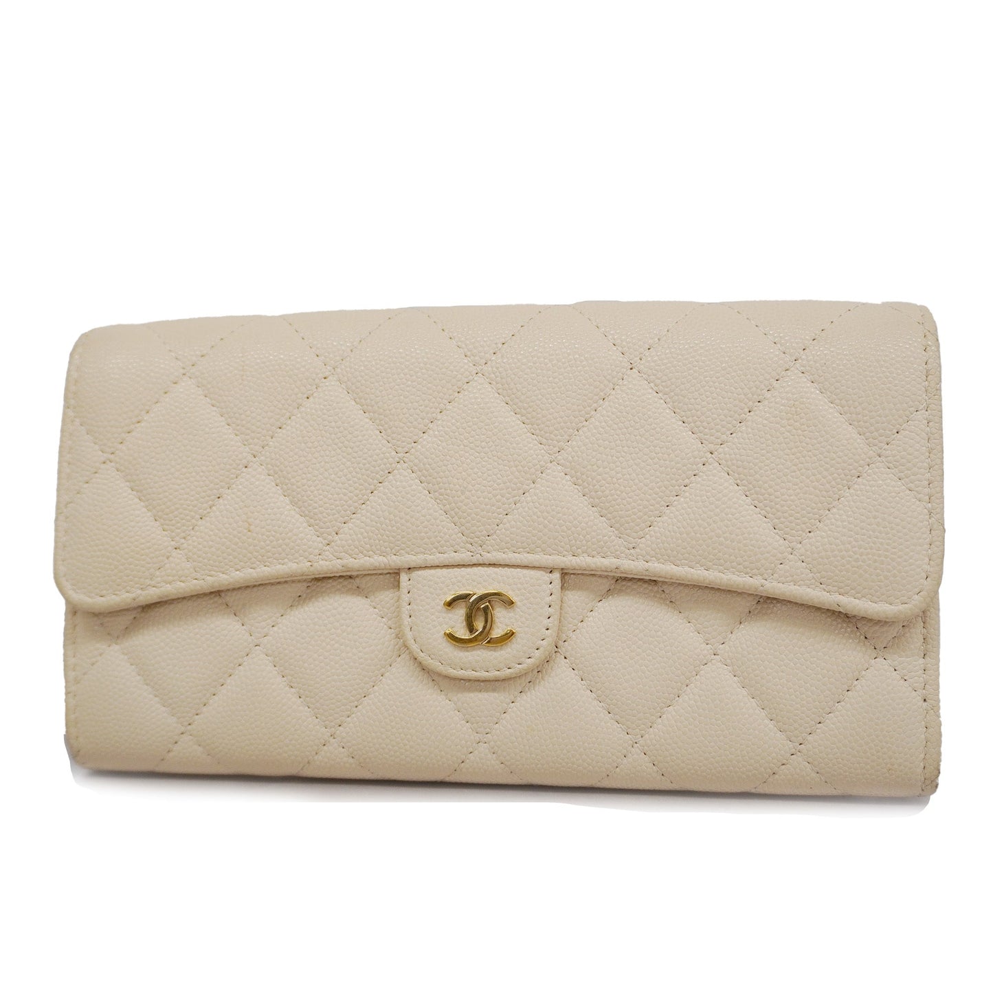 Luxury Chanel  Matelasse Long Wallet [bi-fold] Gold Hardware Caviar Leather Ivory