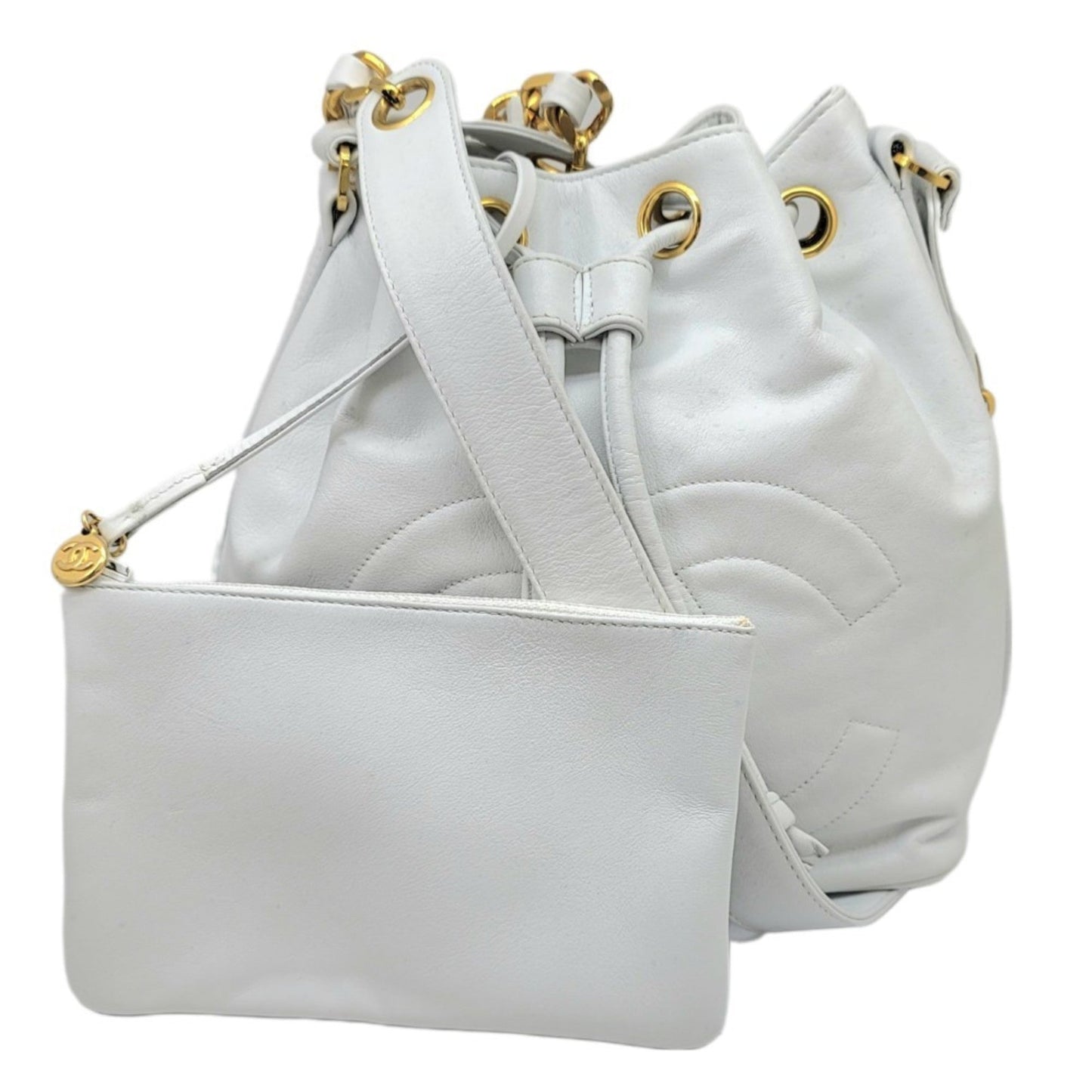 Luxury Chanel drawstring shoulder one bag white gold metal fittings G leather handbag ladies