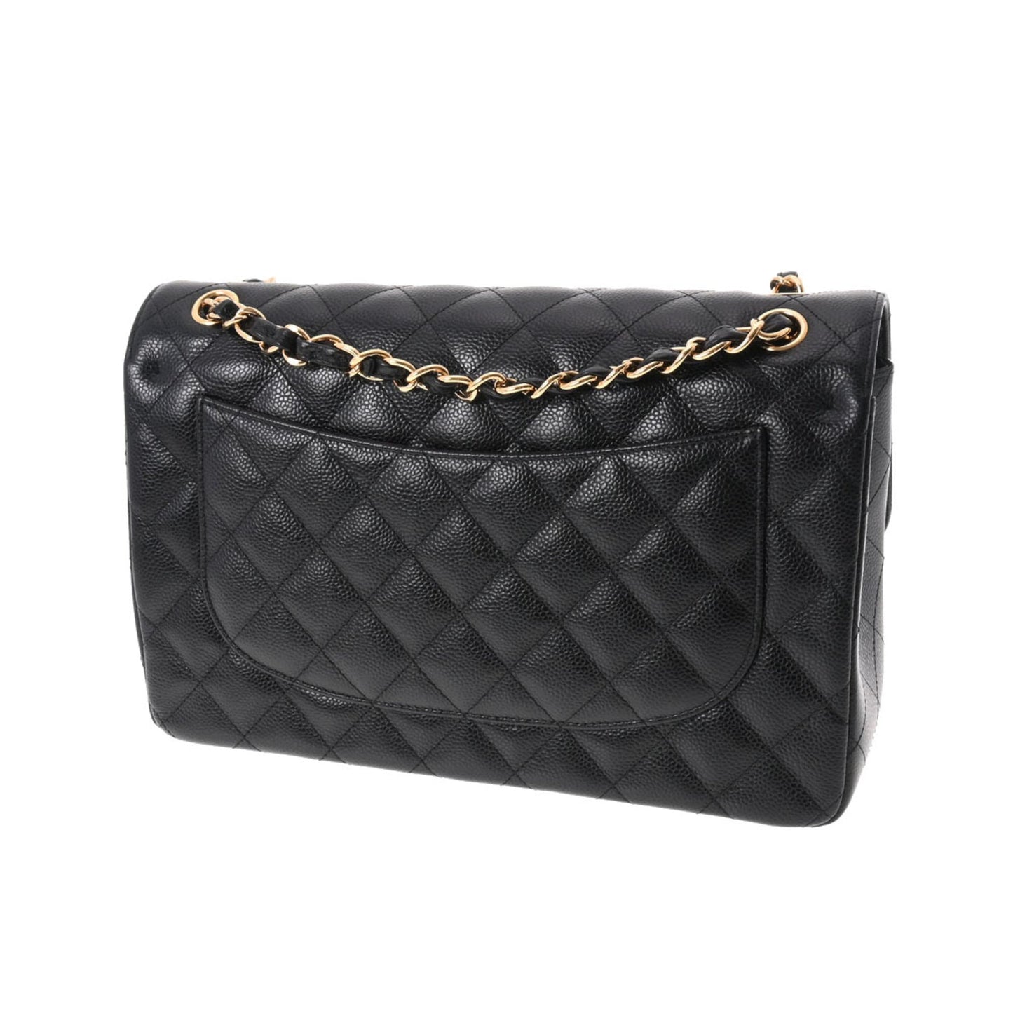 CHANEL matelasse chain shoulder W flap 30cm black ladies caviar skin bag