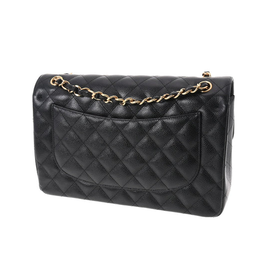 CHANEL matelasse chain shoulder W flap 30cm black ladies caviar skin bag