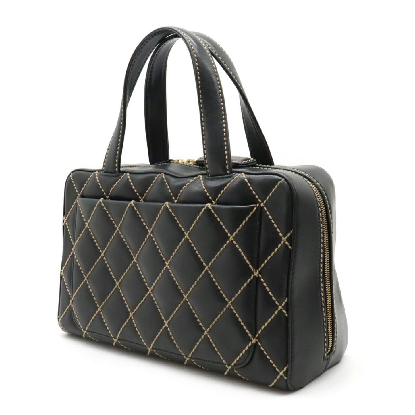 Luxury Chanel Wild Stitch Handbag Boston Bag Leather Black A14692