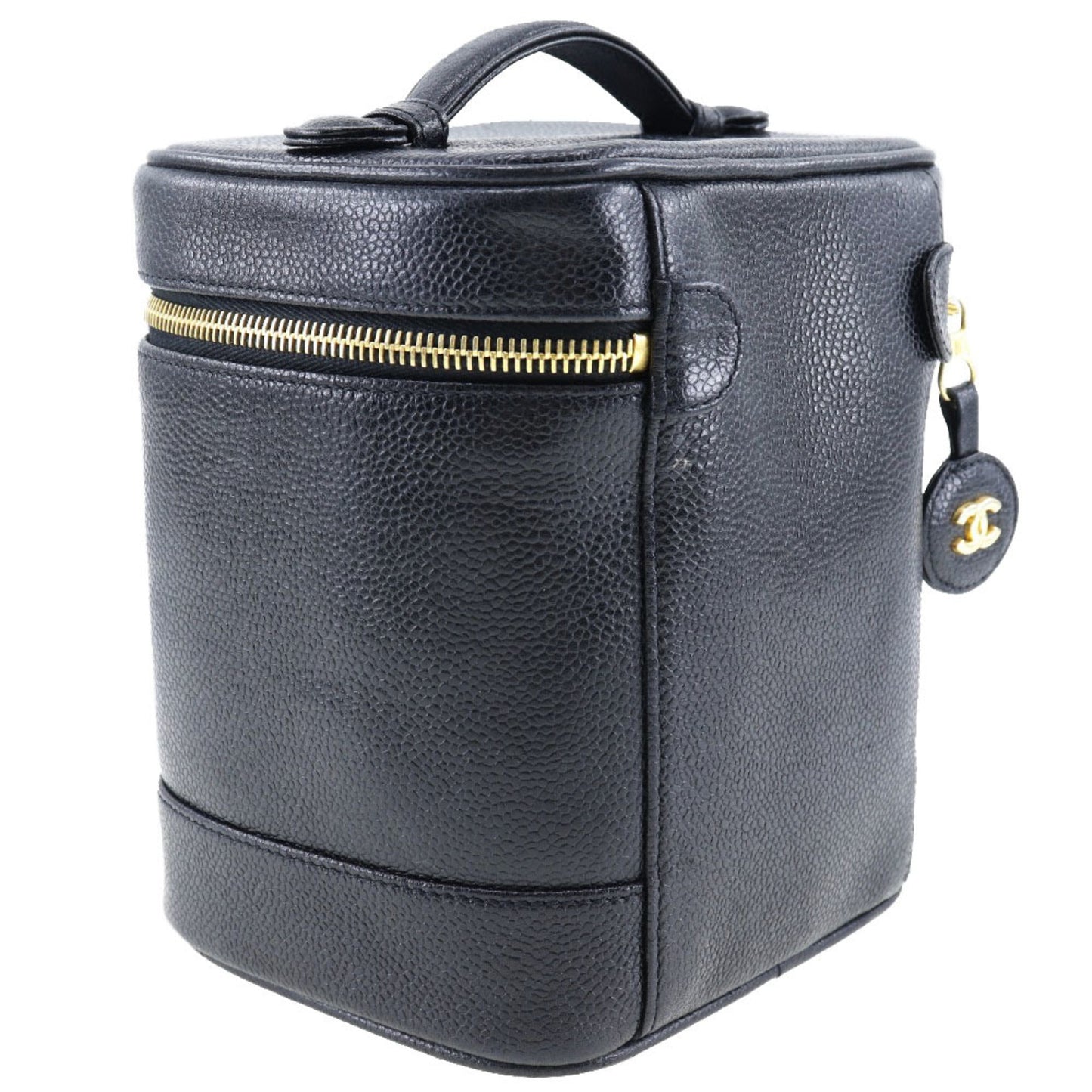 Luxury Chanel Vanity Handbag Coco Mark Matte Caviar Skin Made in France Black Zipper Ladies
