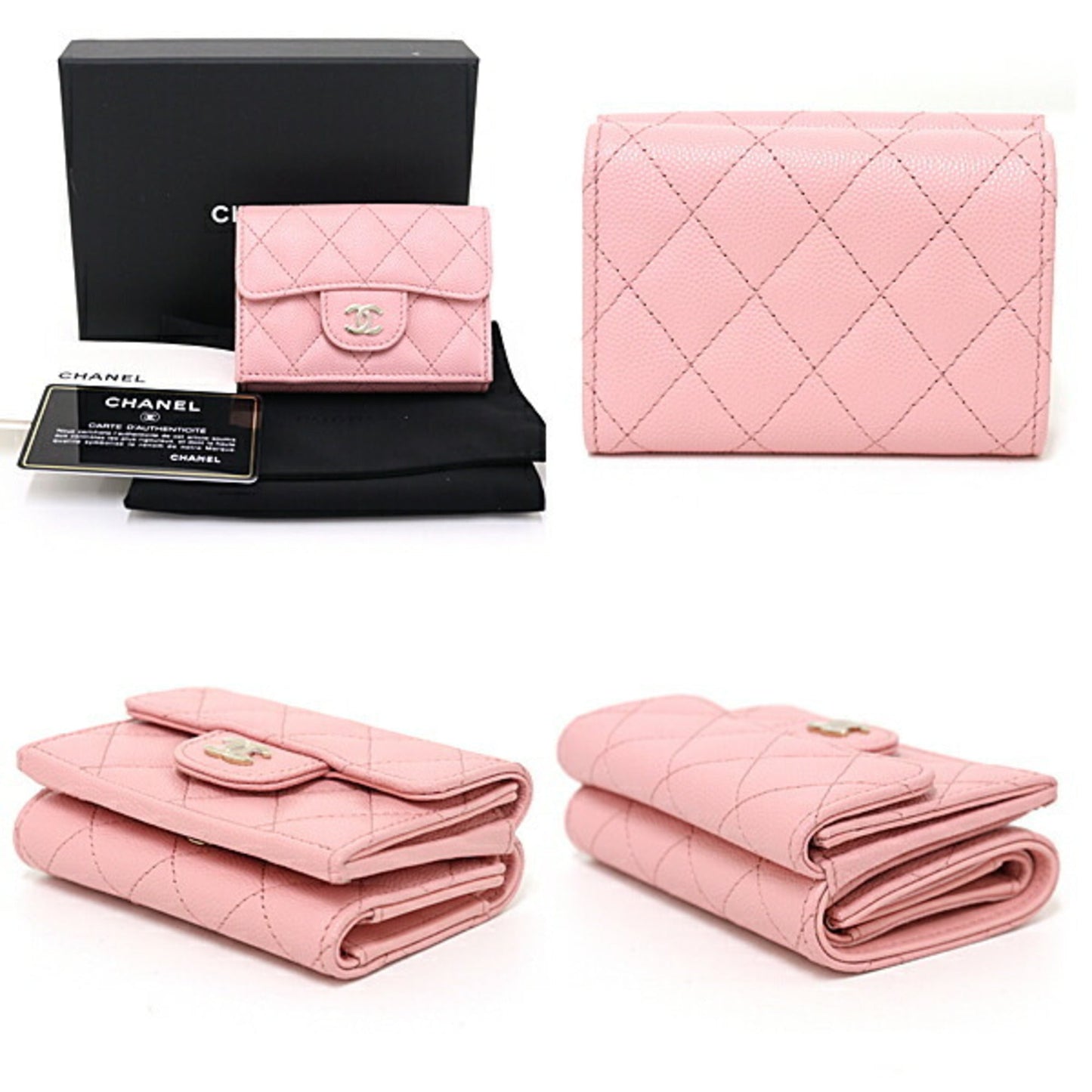 Luxury Chanel Matelasse Classic Small Flap Caviar Skin Trifold Wallet AP0230 Pink