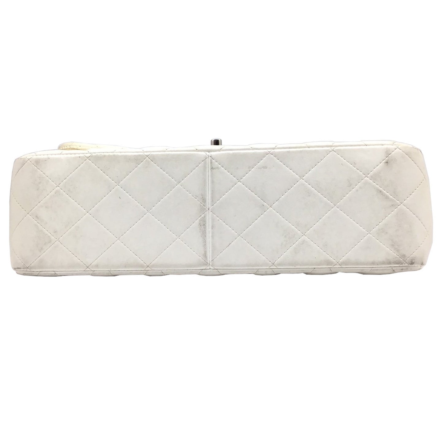 CHANEL Matelasse Deka 30 White Lambskin Silver Hardware Chain Shoulder Double Flap Women's