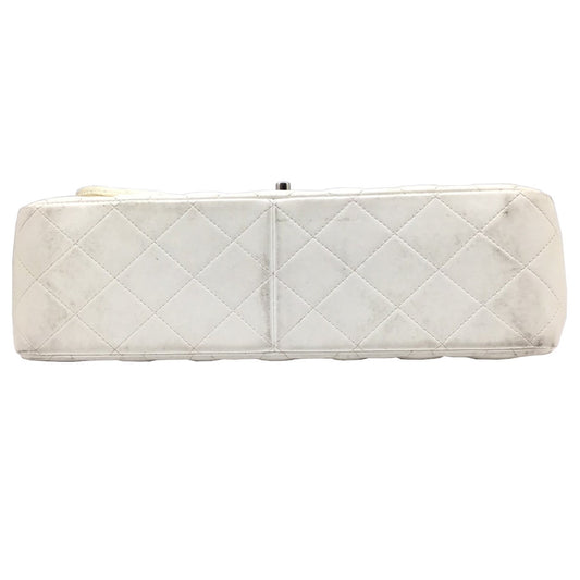 CHANEL Matelasse Deka 30 White Lambskin Silver Hardware Chain Shoulder Double Flap Women's