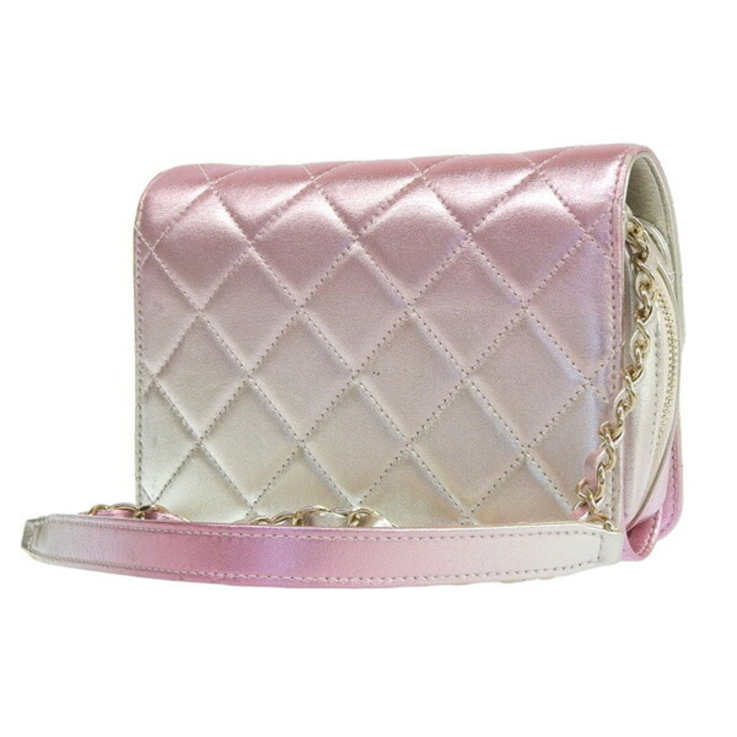 Luxury Chanel Leather Matelasse Coco Mark Chain Shoulder Bag Metallic Pink Ladies