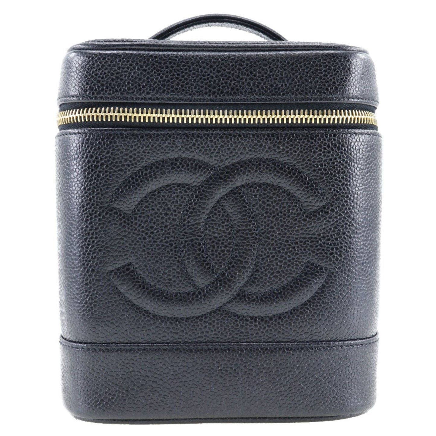 Luxury Chanel Vanity Handbag Coco Mark Matte Caviar Skin Made in France Black Zipper Ladies