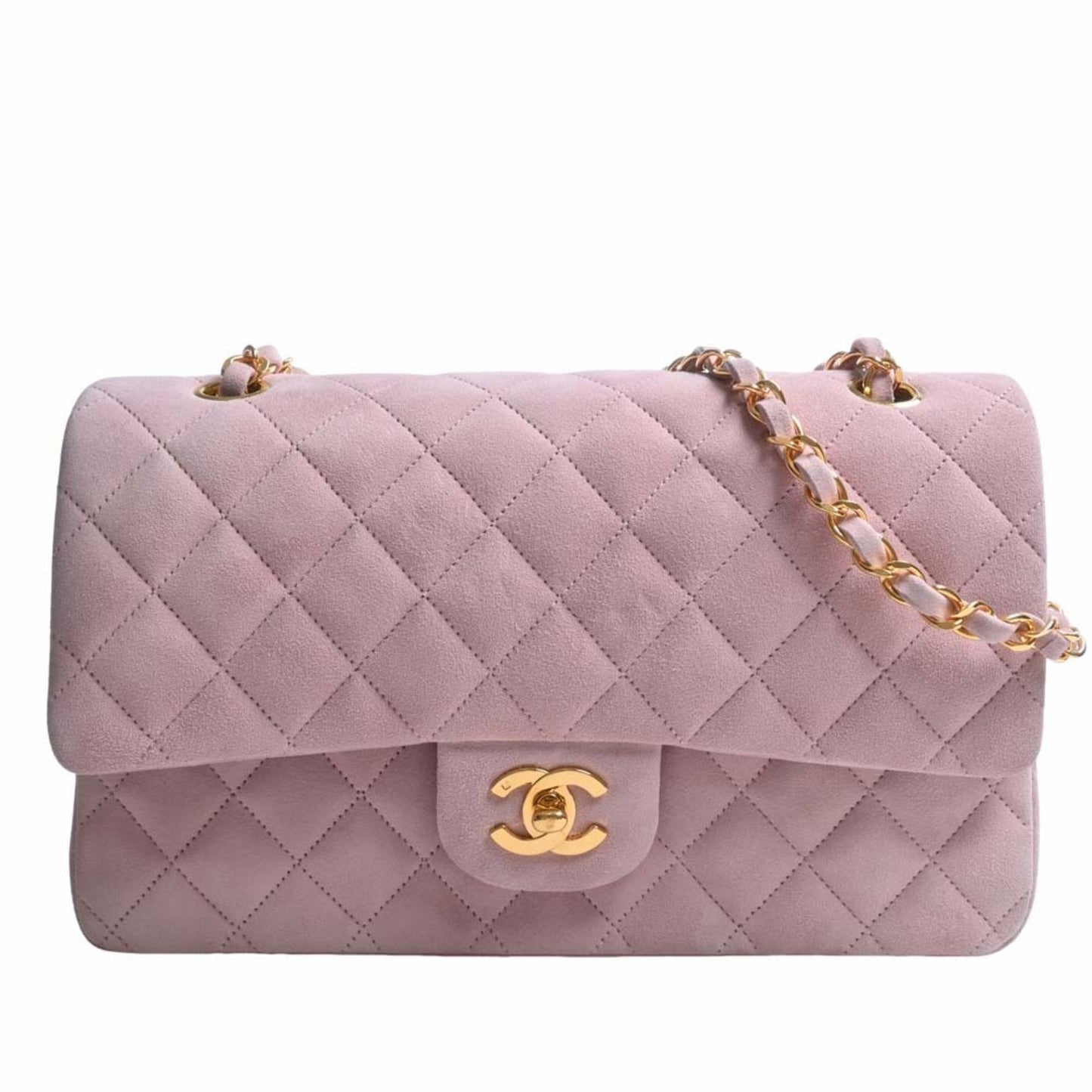 CHANEL Suede Matelasse Coco Mark W Flap Chain Shoulder Bag Pink Ladies