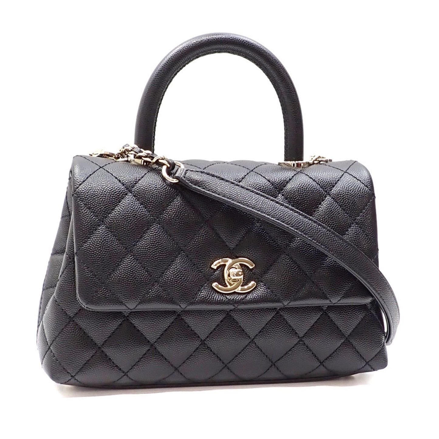 Luxury Chanel Handbag Matelasse Coco Handle XXS Women's Black Caviar Skin AS2215