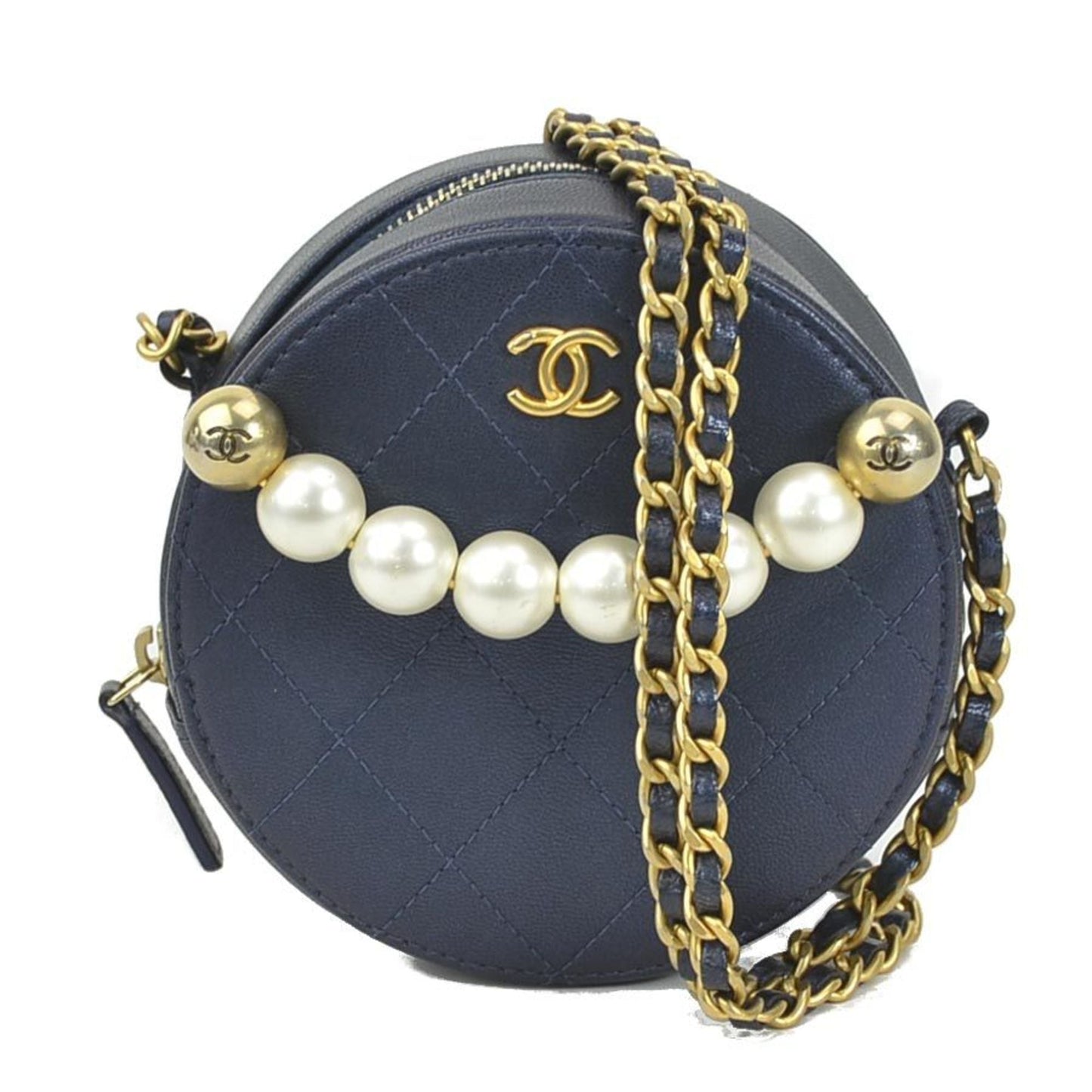 Luxury Chanel Crossbody Shoulder Bag Pochette Coco Mark Leather/Metal/Fake Pearl Navy/Gold/Off-White Women's