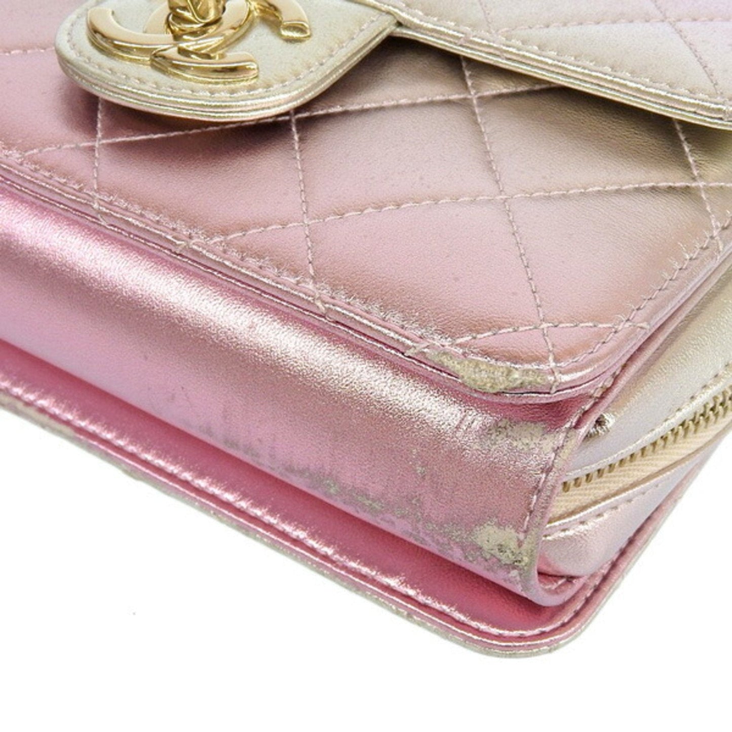 Luxury Chanel Leather Matelasse Coco Mark Chain Shoulder Bag Metallic Pink Ladies