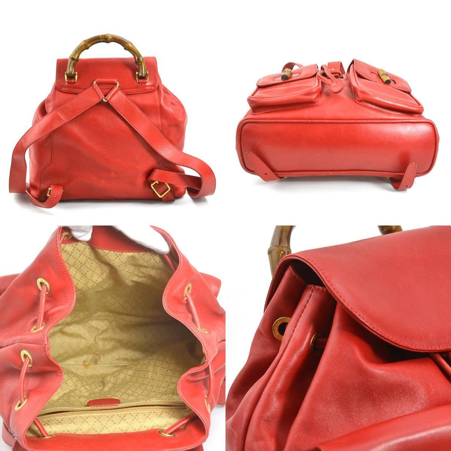 Luxury Gucci Trending 2025 Backpack Bamboo Leather Red Gold Ladies