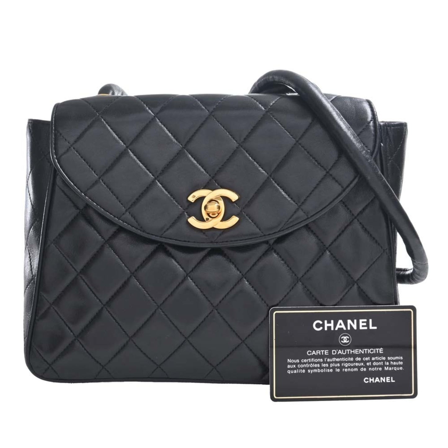 Luxury Chanel Lambskin Matelasse Coco Mark Turnlock Shoulder Bag Black Ladies