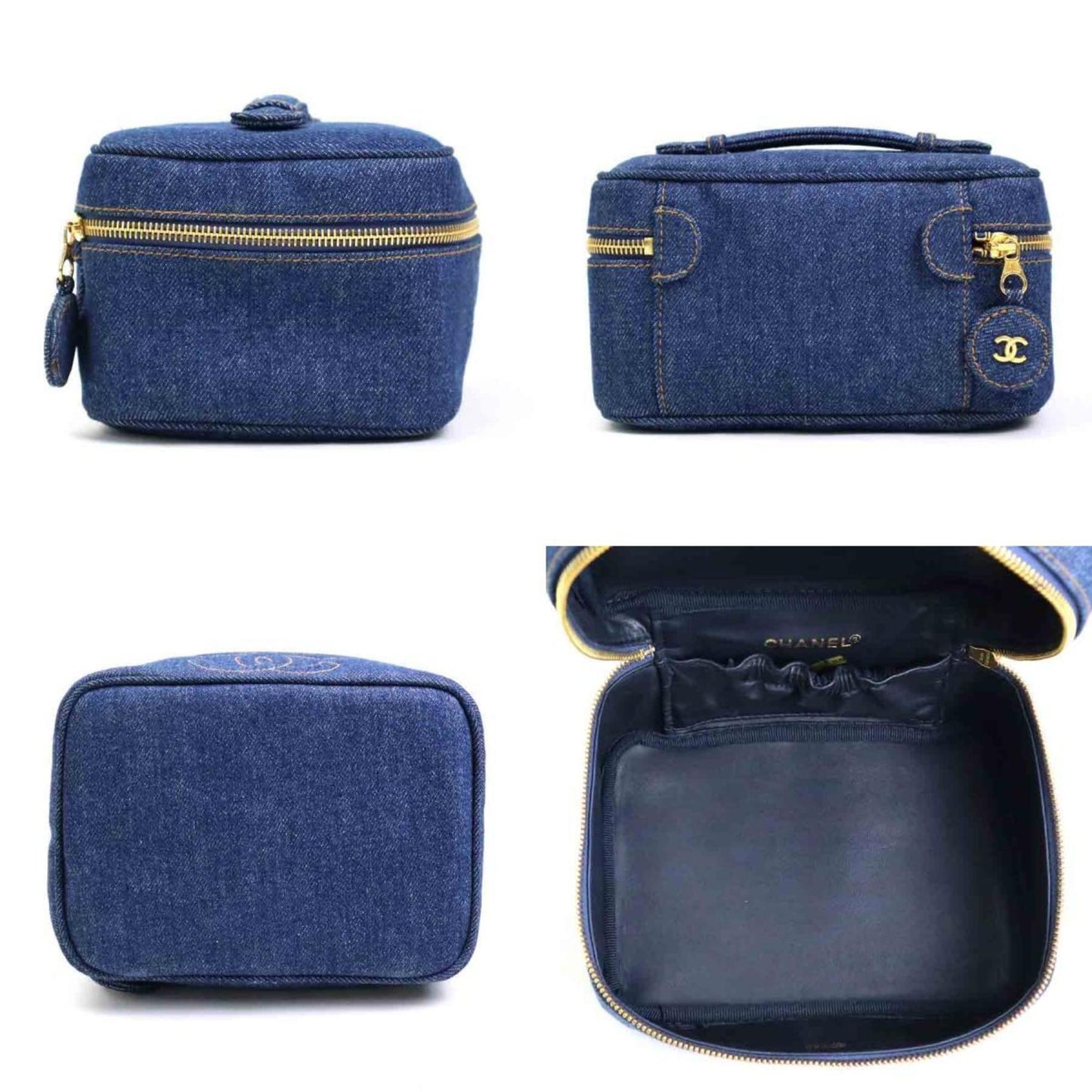 Luxury Chanel Handbag Vanity Bag Coco Mark Denim Blue Gold Women's