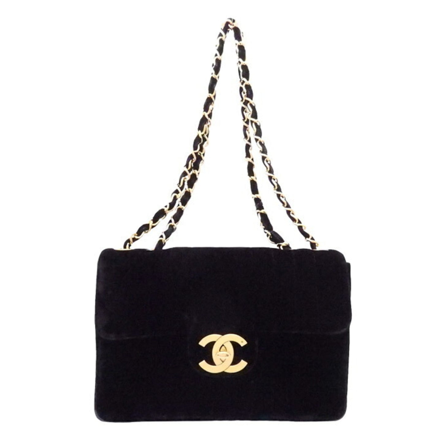 Luxury Chanel shoulder bag here mark velvet / metal black x gold ladies