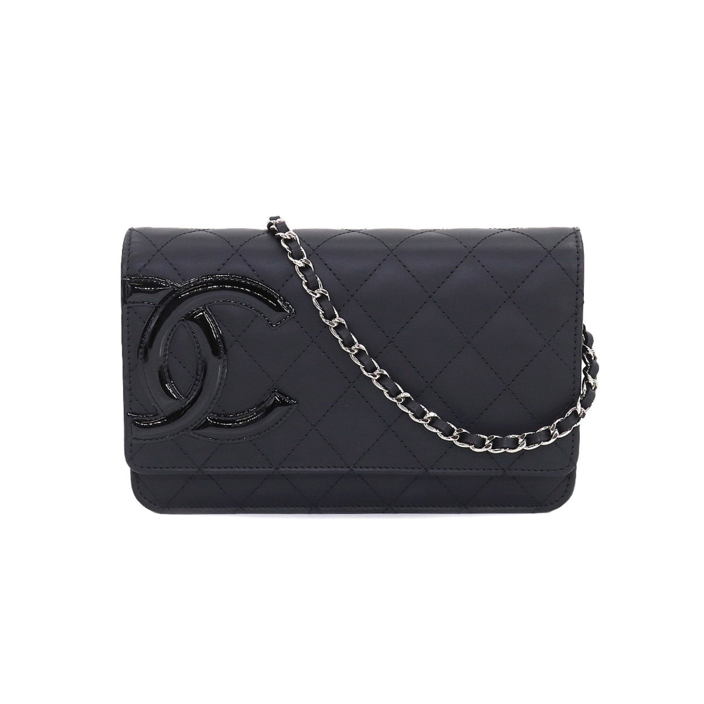Luxury Chanel Cambon Line Chain Wallet Bifold Long Leather Enamel Black A46646