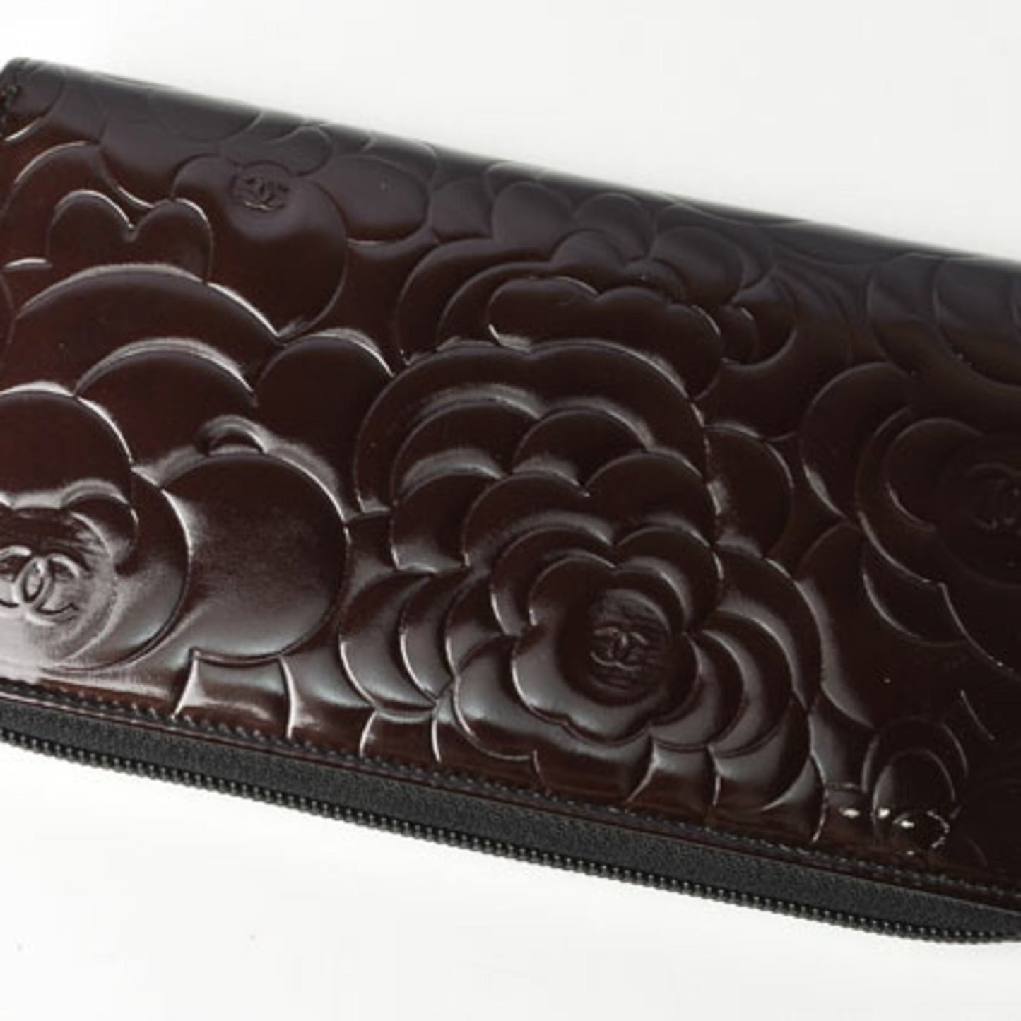 Luxury Chanel long wallet round camellia A50085 dark brown silver