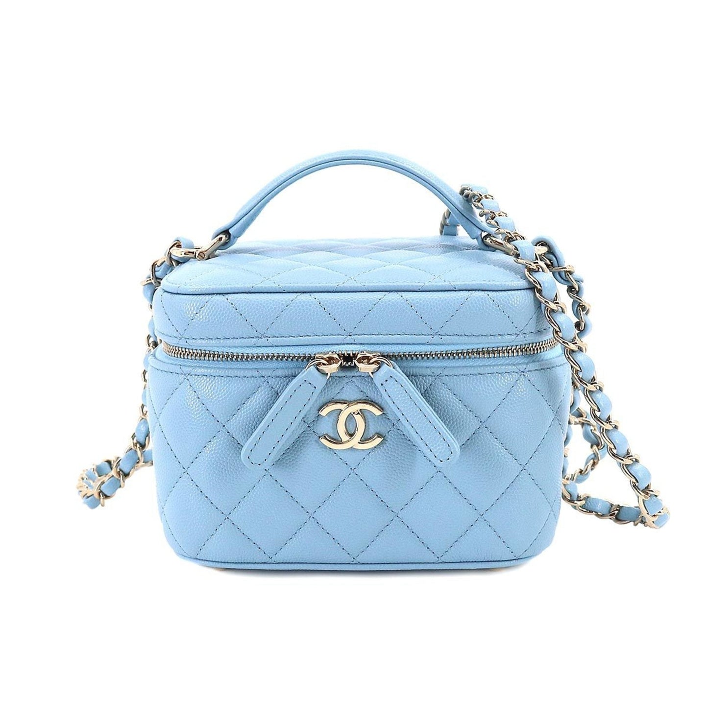 Luxury Chanel Matelasse Small Vanity Chain Shoulder Bag Caviar Skin Leather Light Blue AS3171