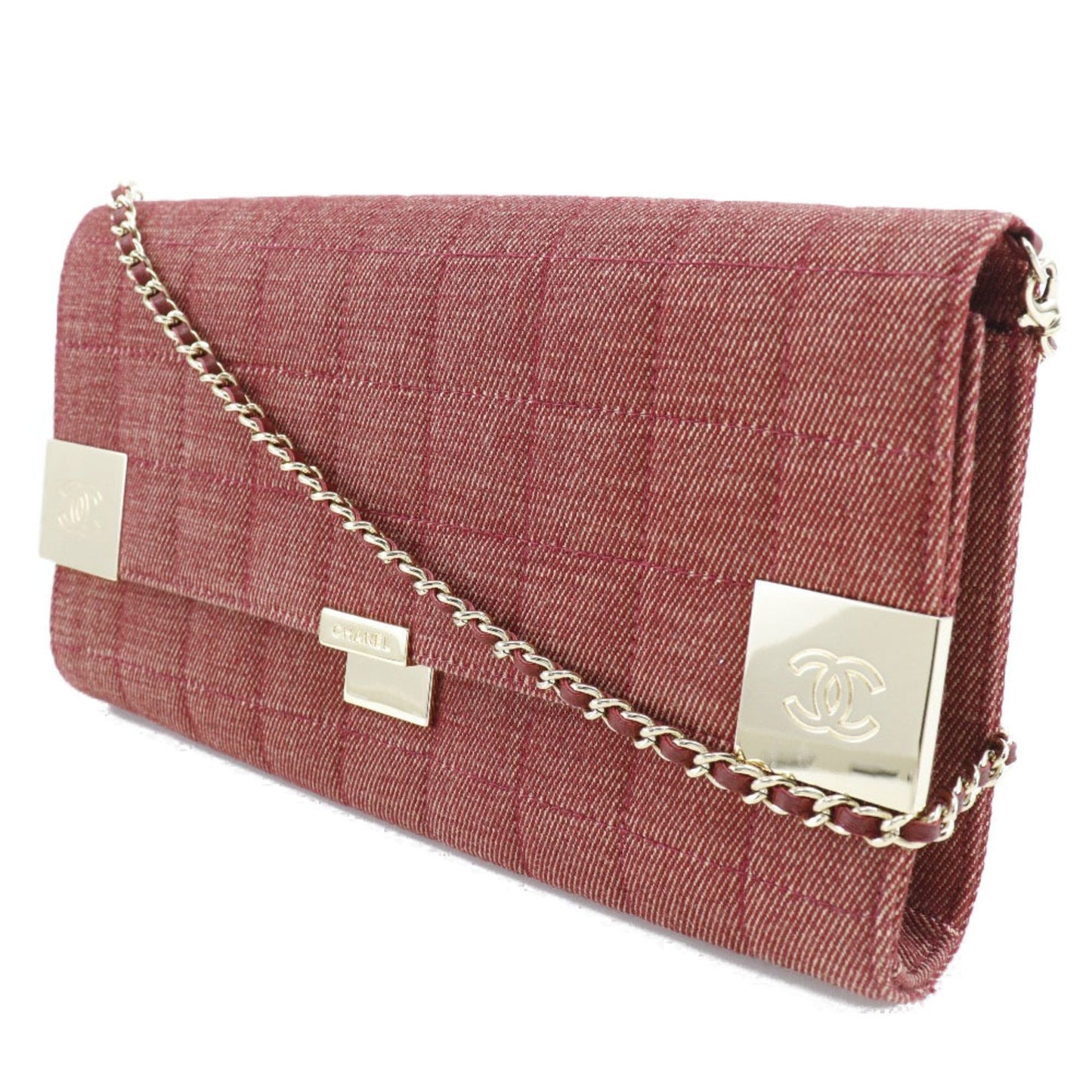 Luxury Chanel chain shoulder chocolate bar line cotton canvas red ladies bag