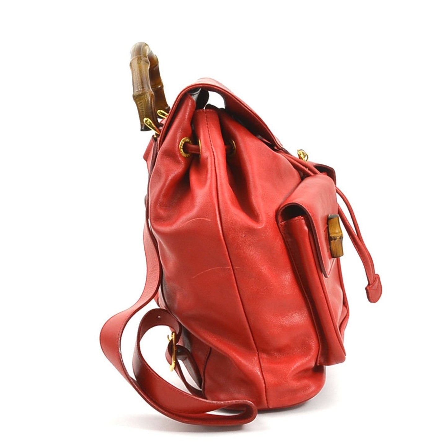 Luxury Gucci Trending 2025 Backpack Bamboo Leather Red Gold Ladies
